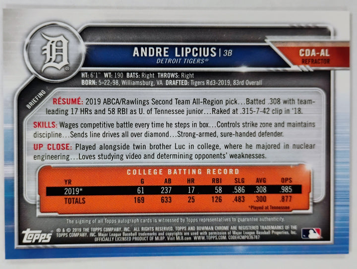 2019 Bowman Chrome Baseball Andre Lipcius #CDA-AL Refractor 263/499