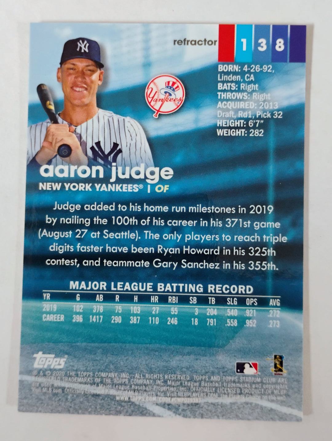 2020 Stadium Club Chrome Baseball Aaron Judge #138 Refractor EX-MINT