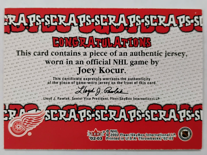 2002-03 Fleer Throwbacks Hockey Joey Kocur NNO Scraps Authentic Game-Worn Jersey