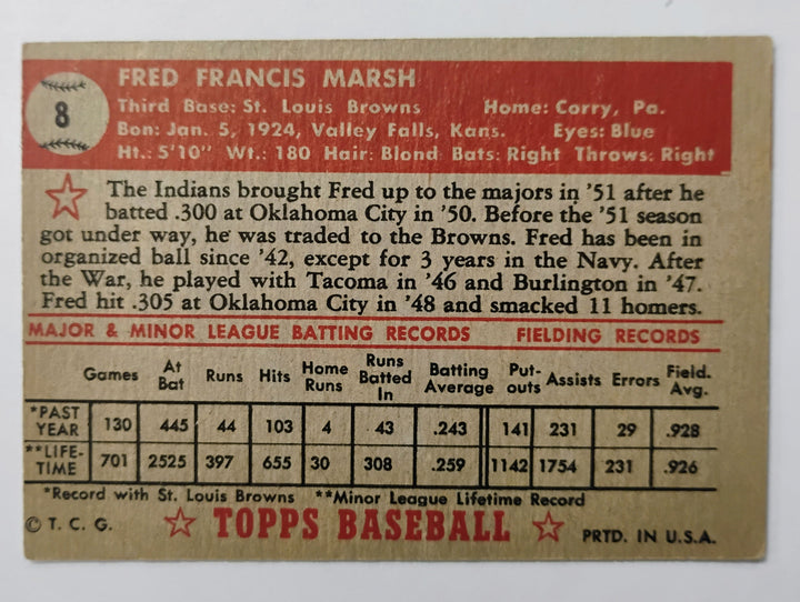 1952 Topps Baseball Fred Marsh  RC #8 Red Back