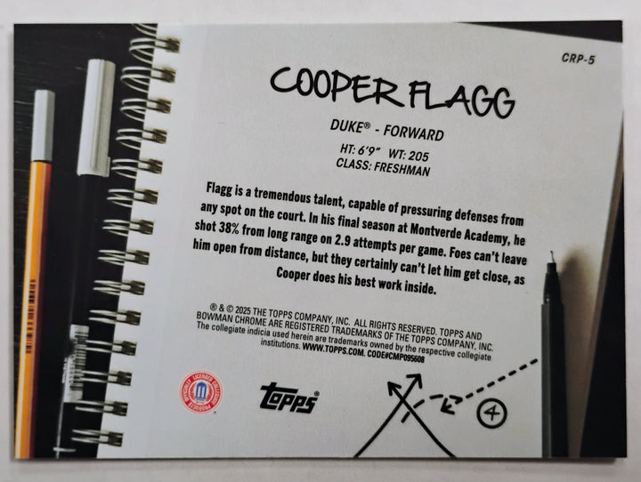 2025 Bowman Chrome U Cooper Flagg #CRP-5 College Rule Playbook