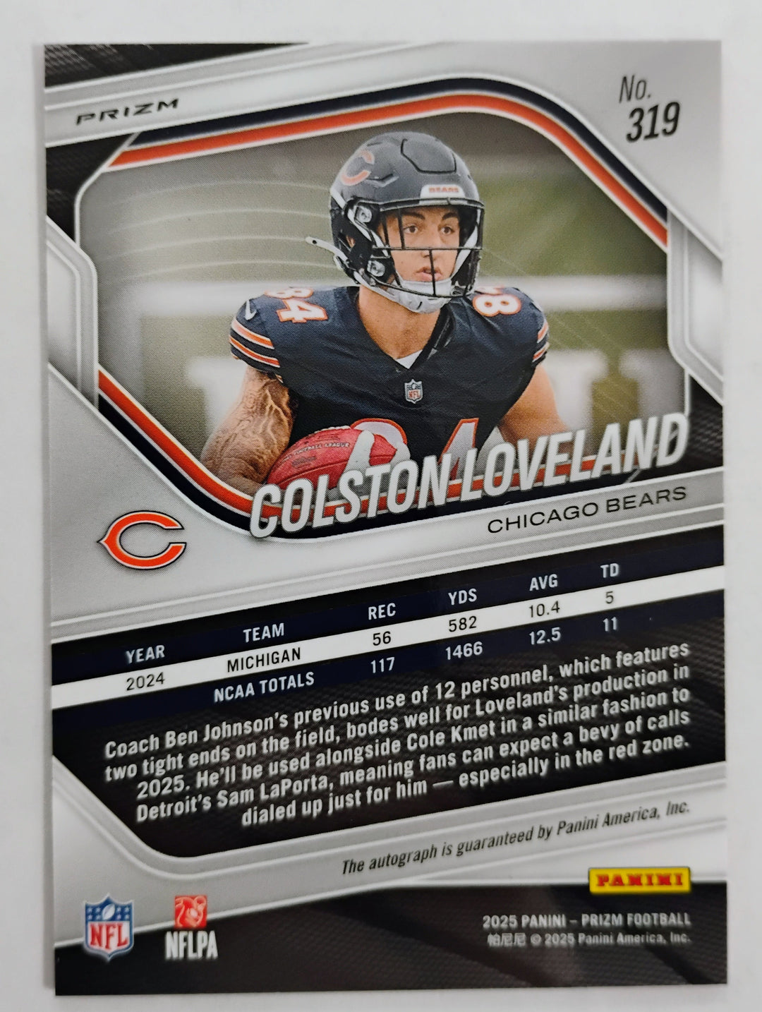 2025 Prizm Football Colston Loveland RC Pink Prizm Auto #319