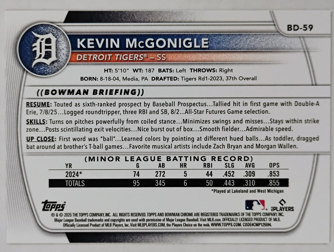 2025 Bowman Draft Baseball Kevin McGonigle RC #BD-59