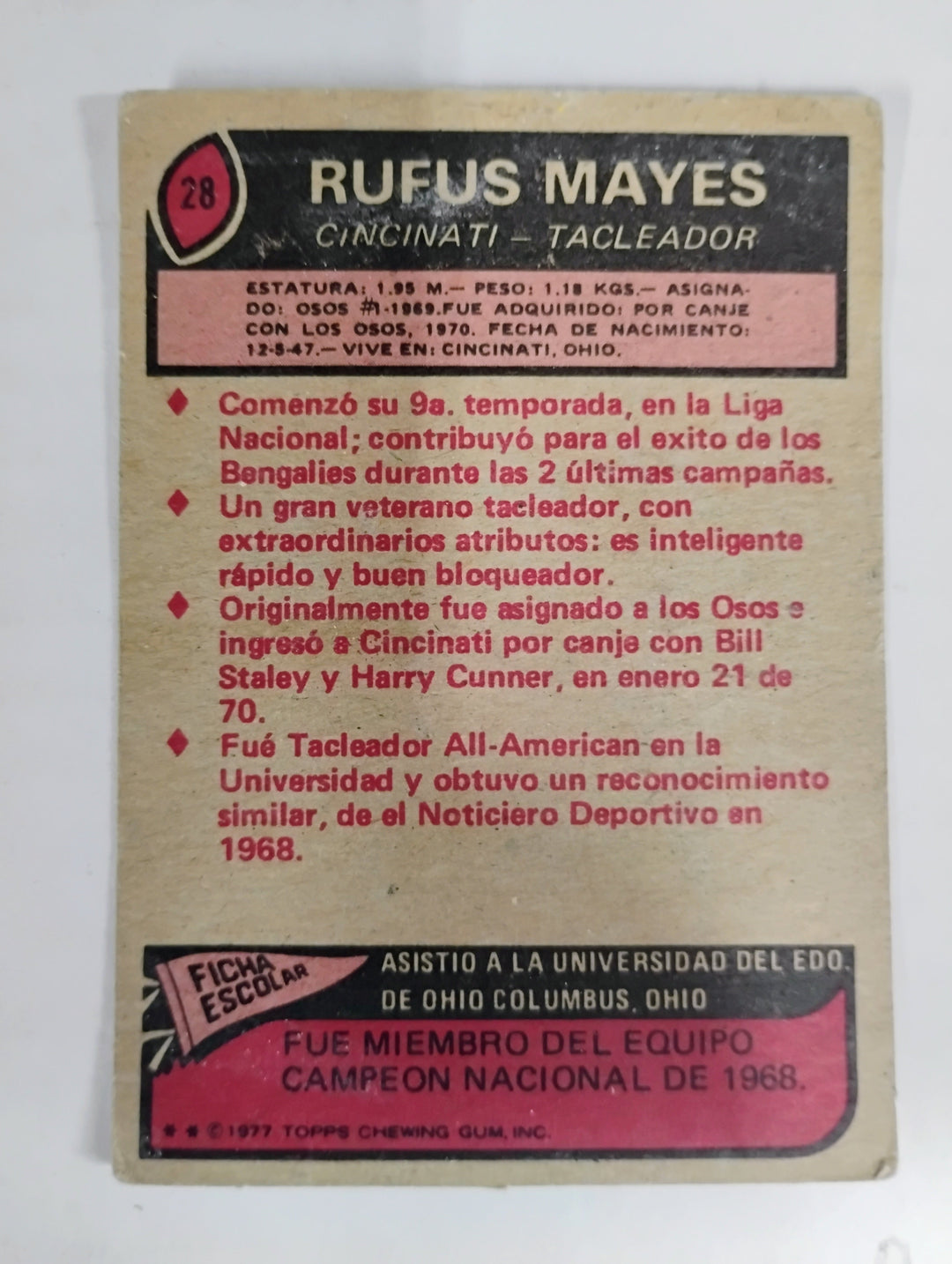 1977 Topps Mexican Football Rufus Mayes #28