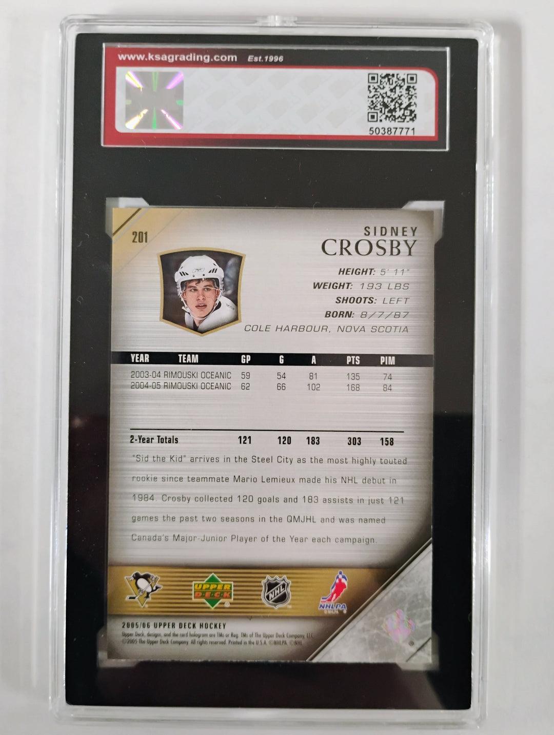 2005-06 Upper Deck Hockey Sidney Crosby RC #201 KSA Mint 9