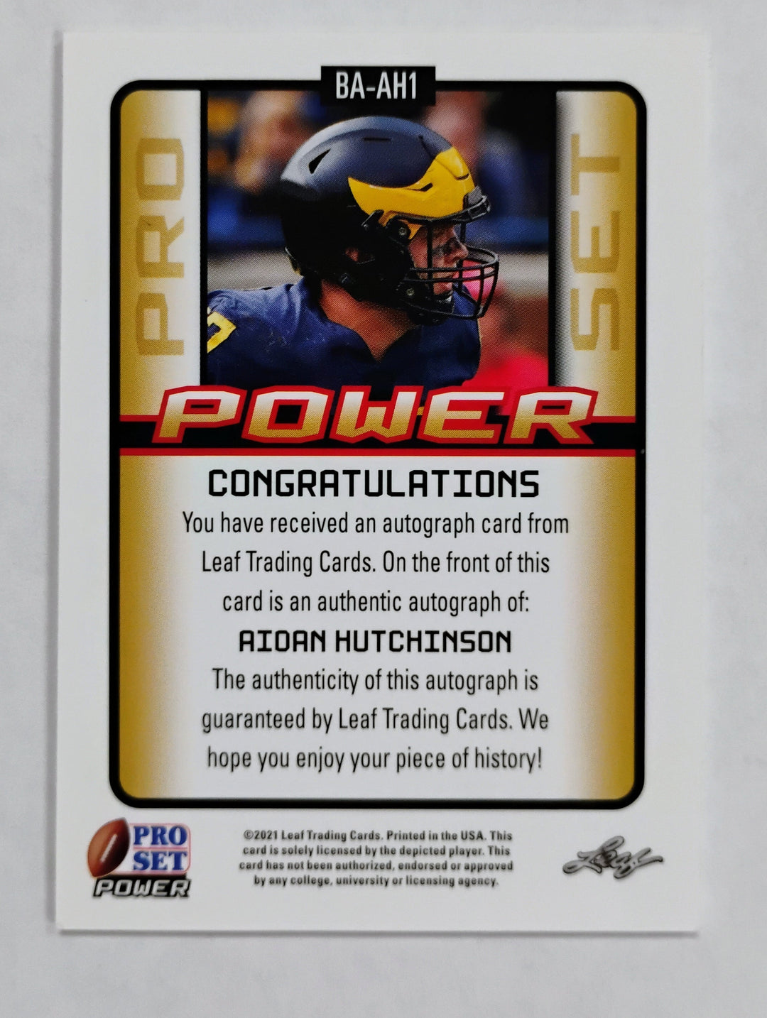 2021 Leaf Pro Set Football Aidan Hutchinson RC #BA-AH1 Power Autograph