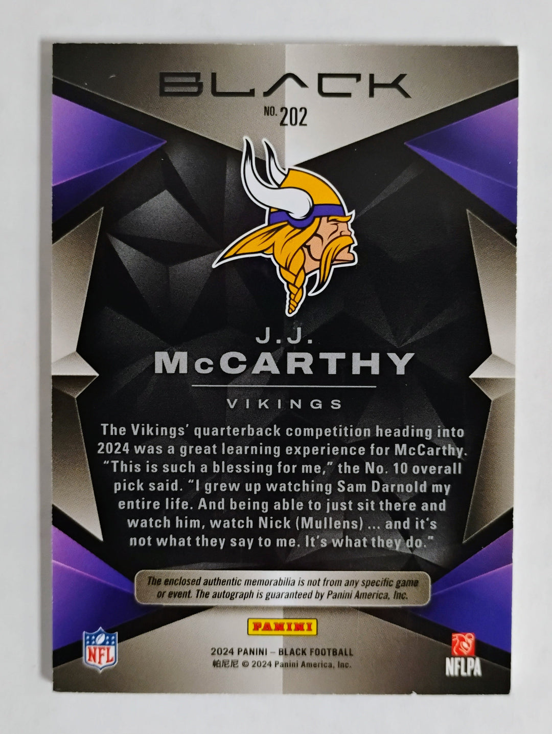 2024 Panini Black Football J.J. McCarthy RC Auto/Patch #'D 037/199 No. 202