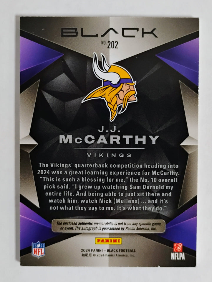 2024 Panini Black Football J.J. McCarthy RC Auto/Patch #'D 037/199 No. 202