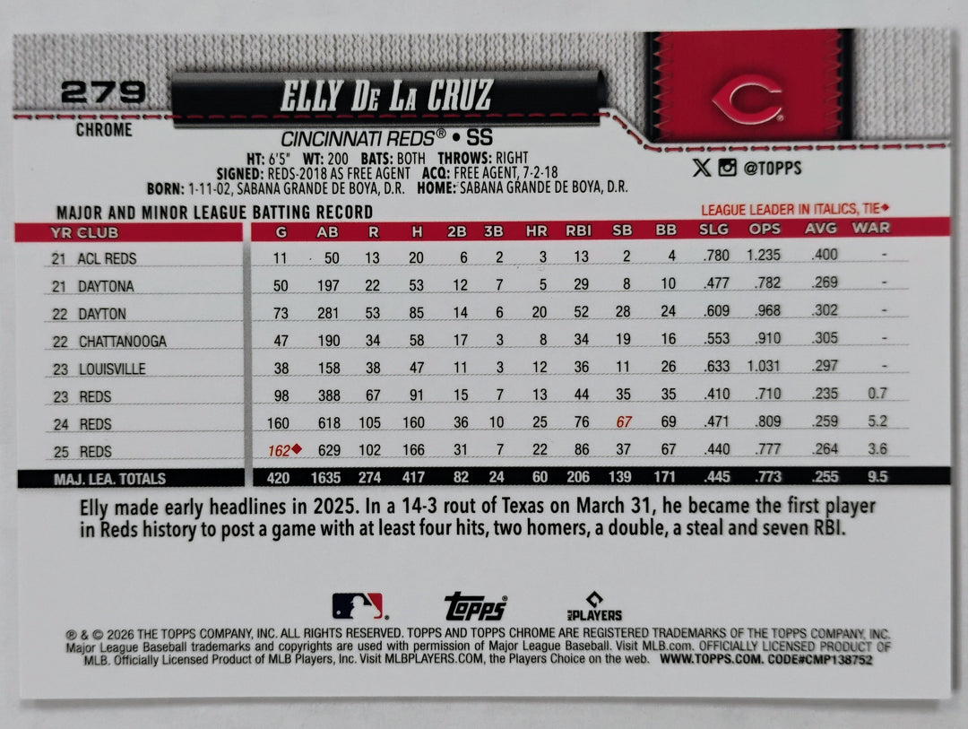 2026 Topps Chrome Baseball Elly De La Cruz #279 Purple Image Variant