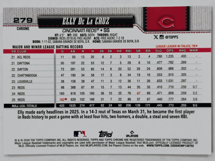 2026 Topps Chrome Baseball Elly De La Cruz #279 Purple Image Variant