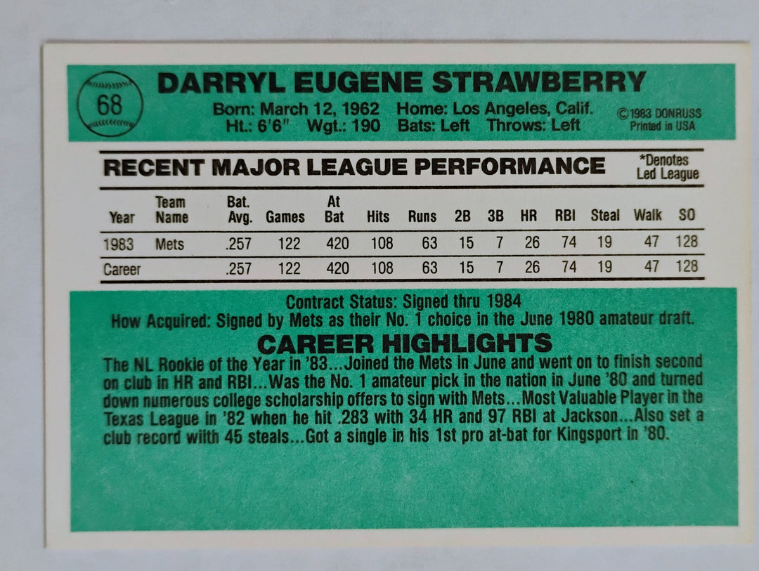 1984 Donruss Baseball Darryl Strawberry RC #68