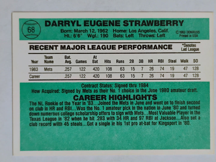 1984 Donruss Baseball Darryl Strawberry RC #68