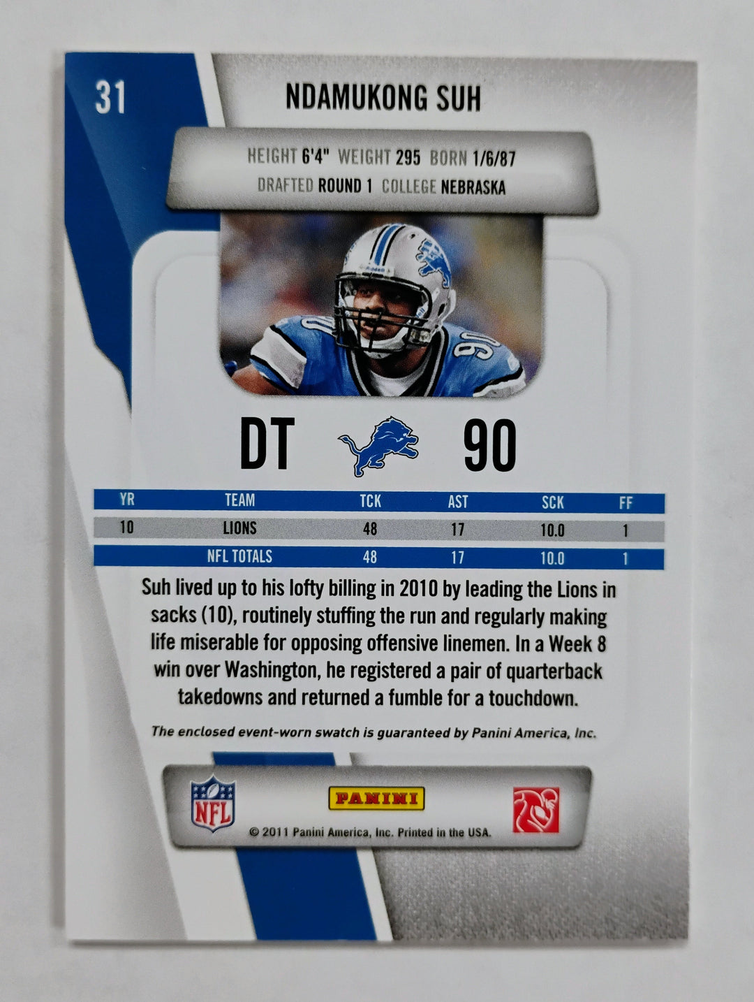 2011 Panini Prestige Football Ndamukong Suh #31 Rookie Review