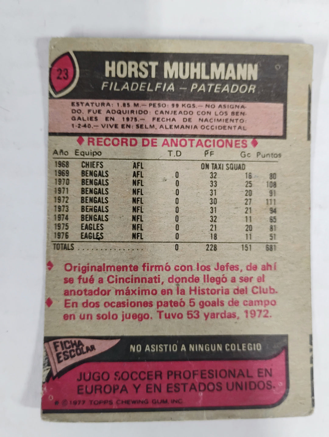 1977 Topps Mexican Football Horst Muhlmann #23