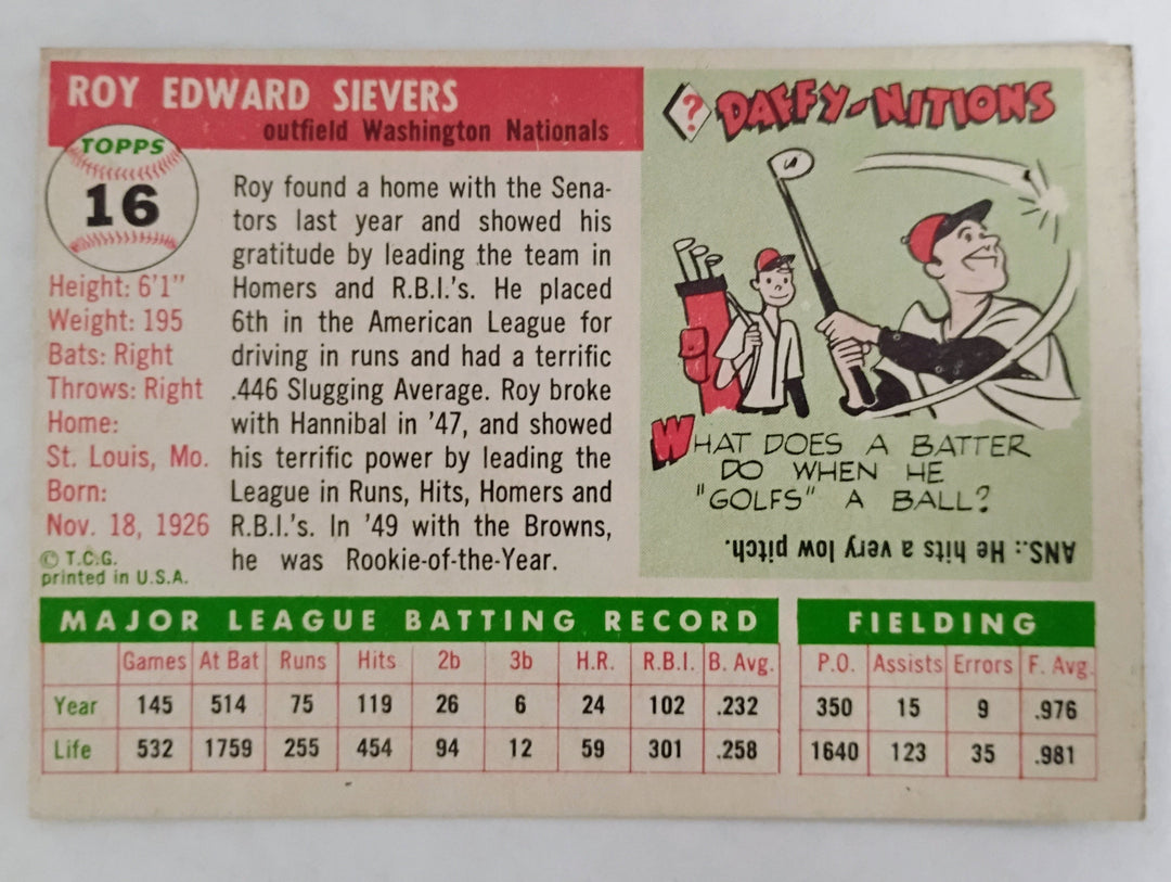 1955 Topps Baseball Roy Sievers #16 NM/ Mint