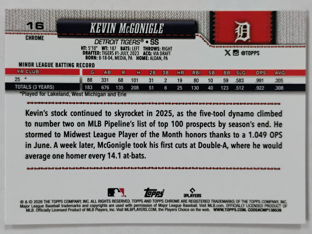 2026 Topps Chrome Baseball Kevin Mcgonigle RC#16