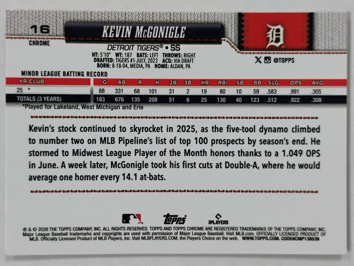 2026 Topps Chrome Baseball Kevin Mcgonigle RC#16