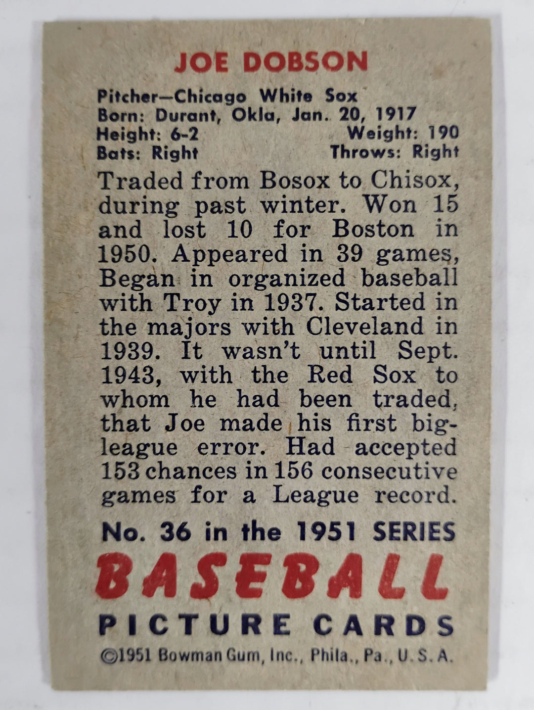 1951 Bowman Baseball Joe Dobson #36 NM-Mint Partial Set Break