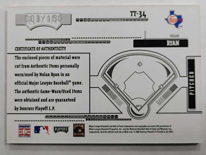 2005 Playoff Absolute Memorabilia Baseball Nolan Ryan #TT-34 Tool Of The Trade 003/150