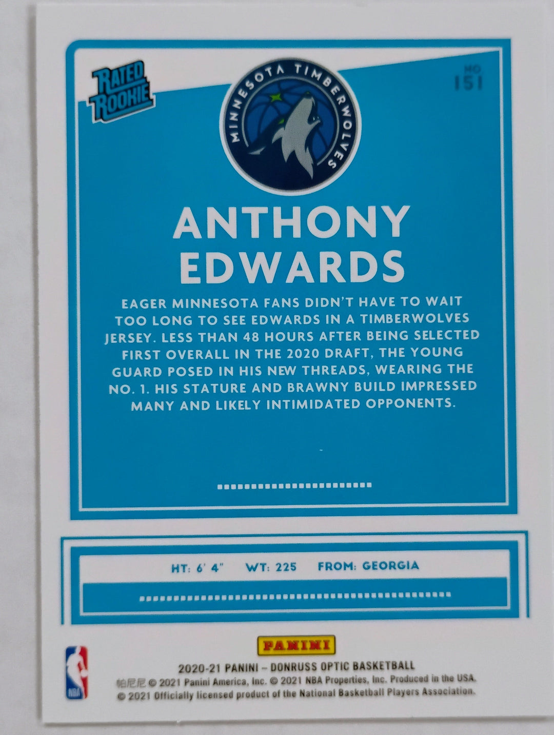2020-21 Panini Donruss Optic Basketball Anthony Edwards #151 RC