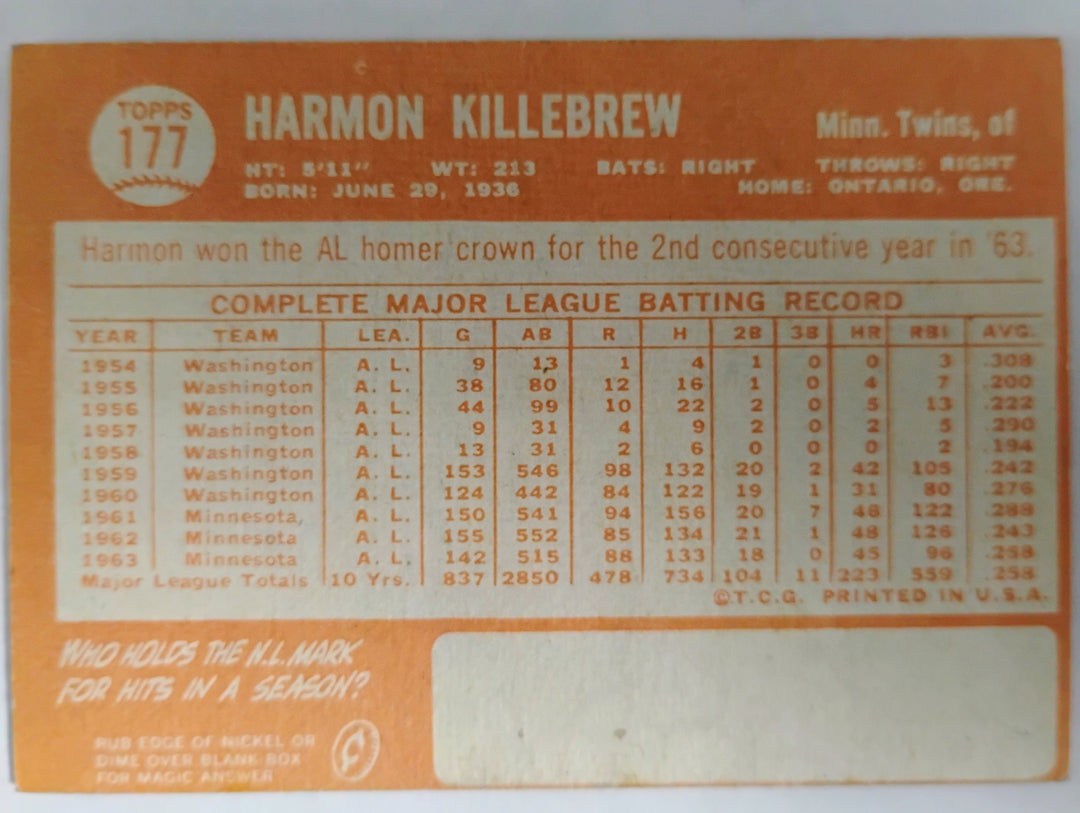 1964 Topps Baseball Harmon Killebrew #177  VG+