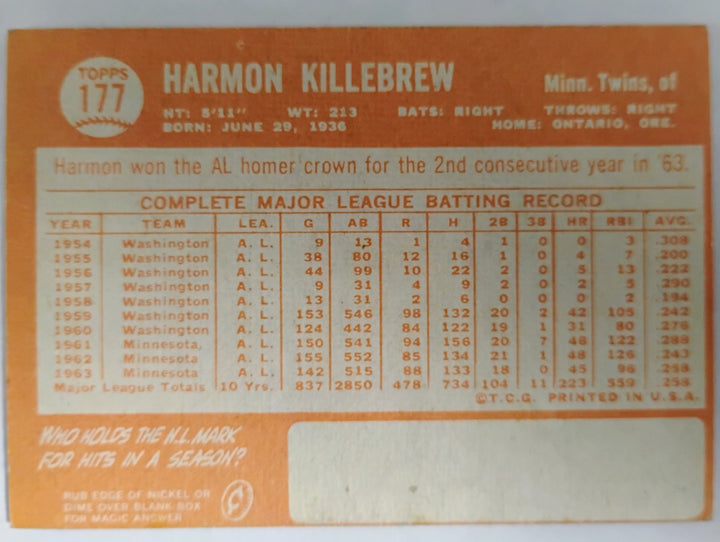1964 Topps Baseball Harmon Killebrew #177  VG+