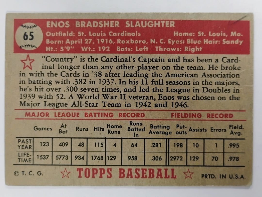 1952 Topps Baseball Enos Slaughter #65 Red Back