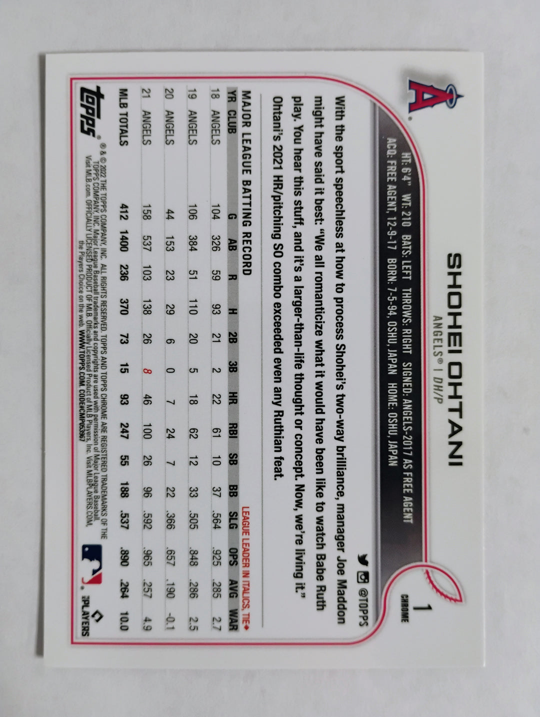 2022 Topps Chrome Baseball Shohei Ohtani #1 Pink Refractor