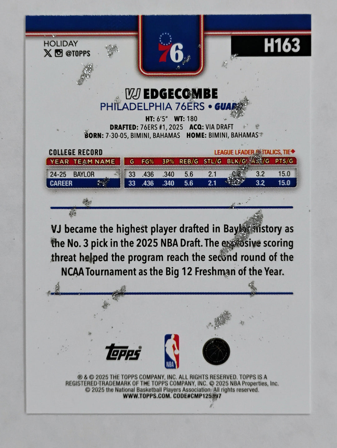 2025 Topps Holiday Basketball VJ Edgecombe RC #H163 Silver Glitter