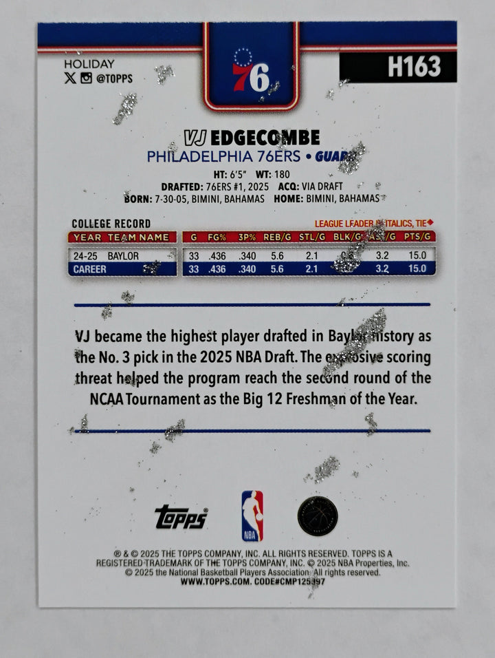 2025 Topps Holiday Basketball VJ Edgecombe RC #H163 Silver Glitter