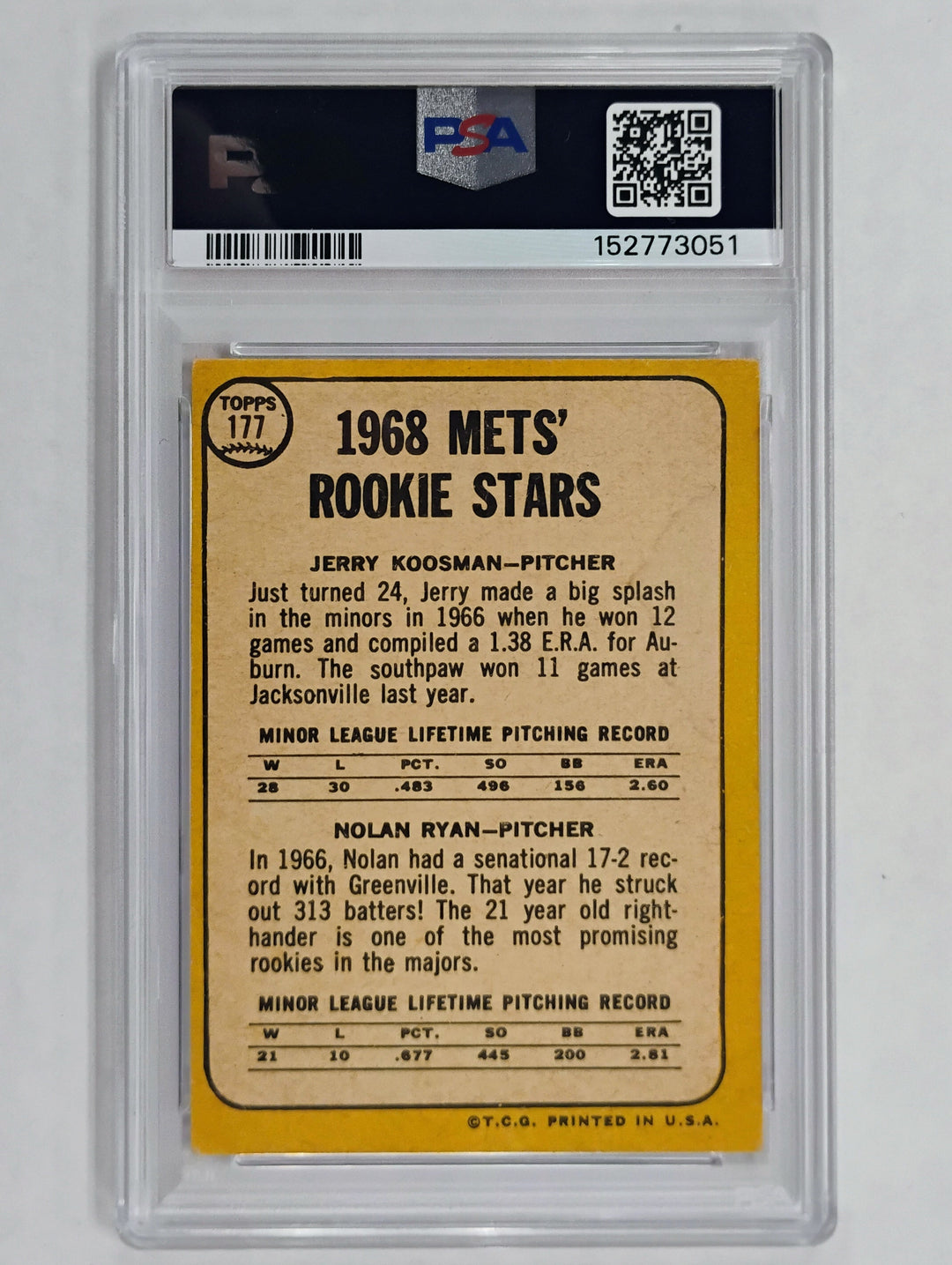 1968 Topps Baseball Nolan Ryan/Jerry Koosman Mets Rookies #177 Milton Bradley PSA 4 VG-EX