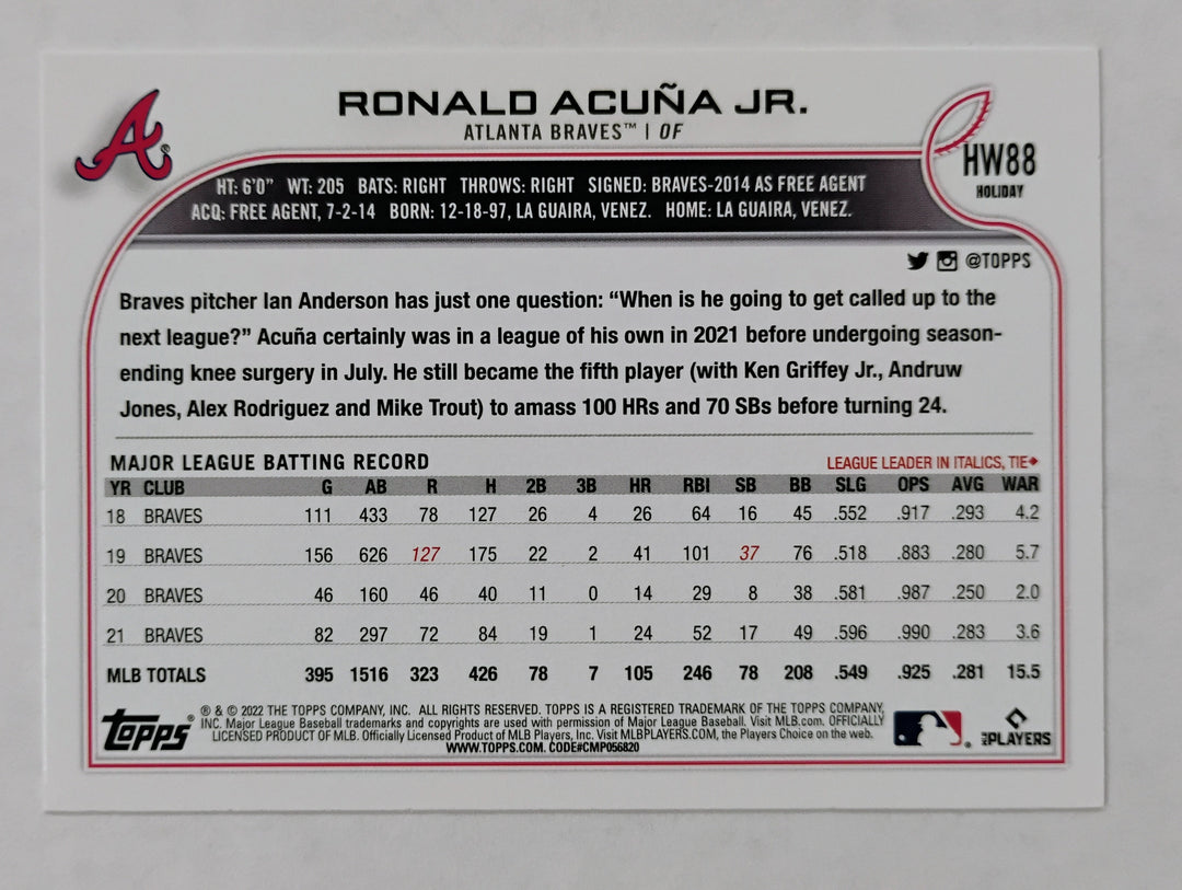 2022 Topps Holiday Baseball Ronald Acuna Jr. #HW88 Lights