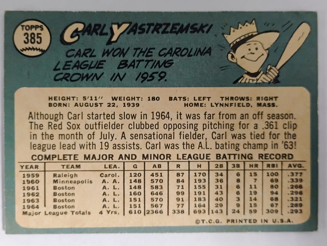 1965 Topps Baseball Carl Yastrzemski #385 VG+