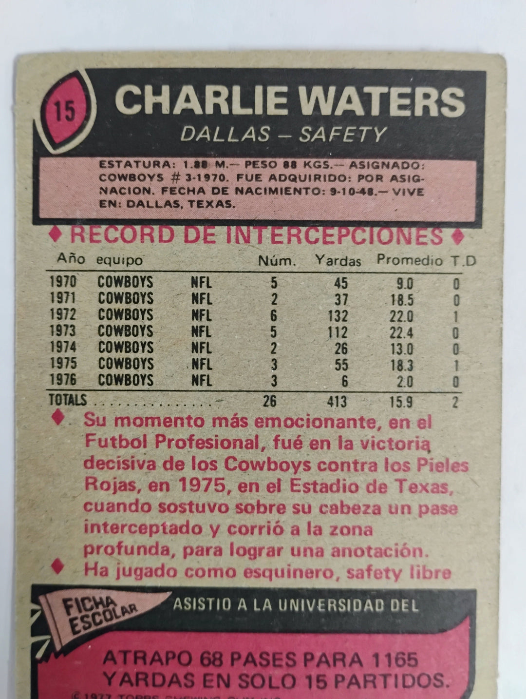 1977 Topps Mexican Football Charlie Waters  #15