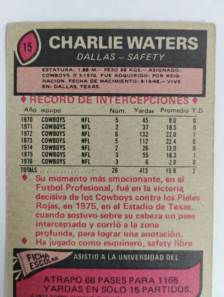 1977 Topps Mexican Football Charlie Waters  #15