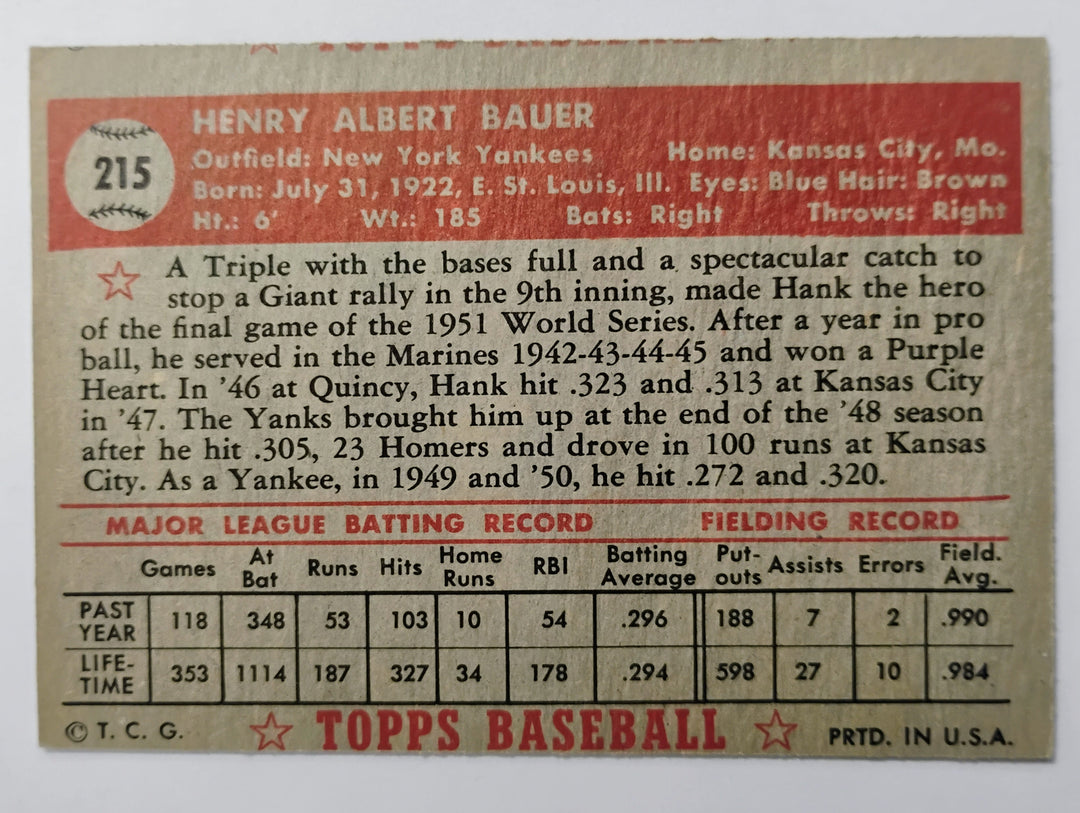 1952 Topps Baseball Hank Bauer #215 Red Back