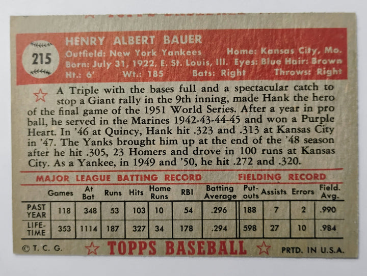 1952 Topps Baseball Hank Bauer #215 Red Back