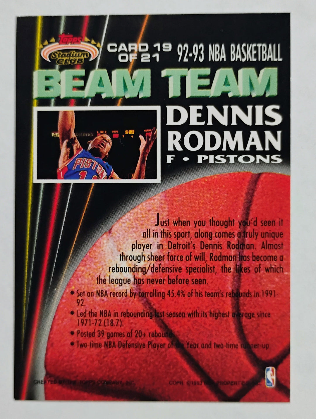1992-93 Stadium Club Basketball Dennis Rodman #19 Beam Team