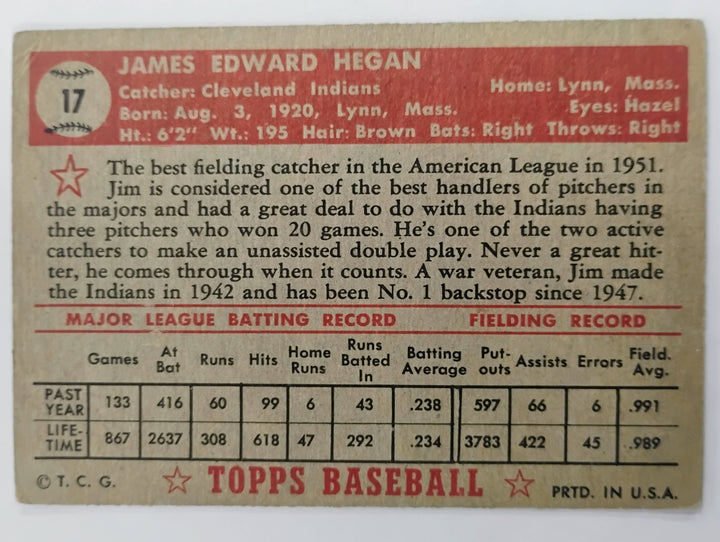 1952 Topps Baseball Jim Hegan #17 Red Back