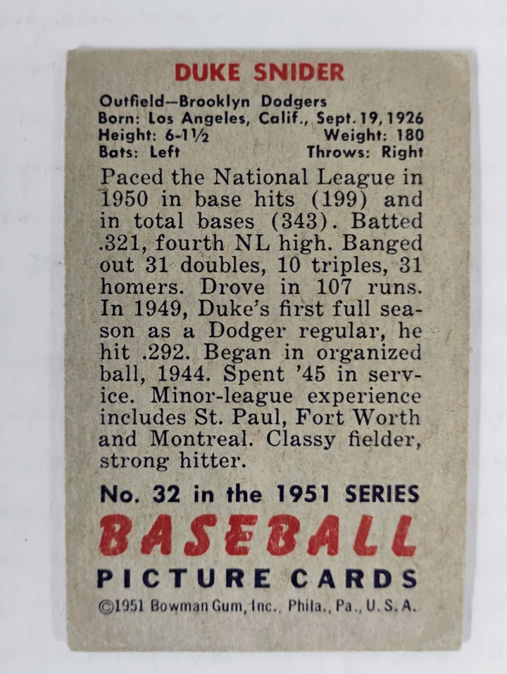 1951 Bowman Baseball Duke Snider #32 VG Partial Set Break