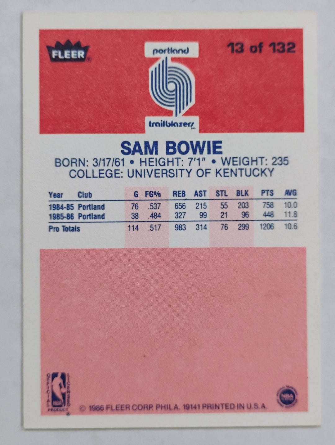 1986 -87 Fleer Basketball Sam Bowie #13