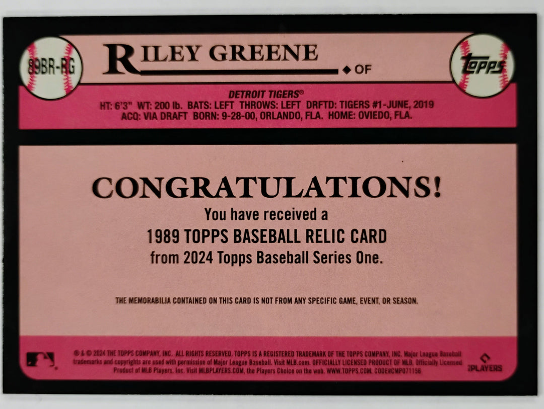2024 Topps Baseball Riley Green #89BR-RG 35th Anniversary Relic 1989