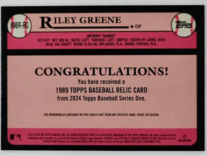 2024 Topps Baseball Riley Green #89BR-RG 35th Anniversary Relic 1989