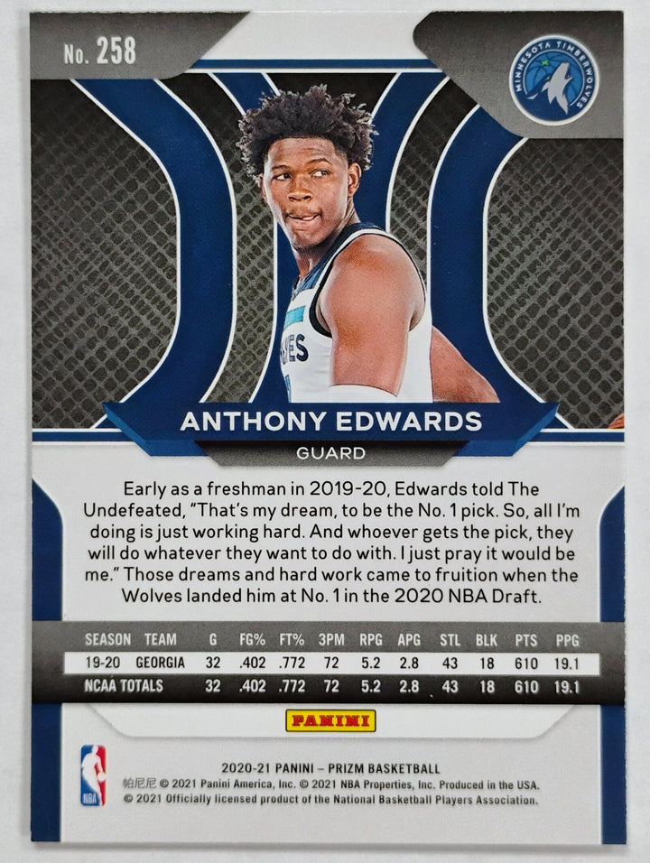 2020-21 Panini Prizm Basketball Anthony Edwards RC #258 Base