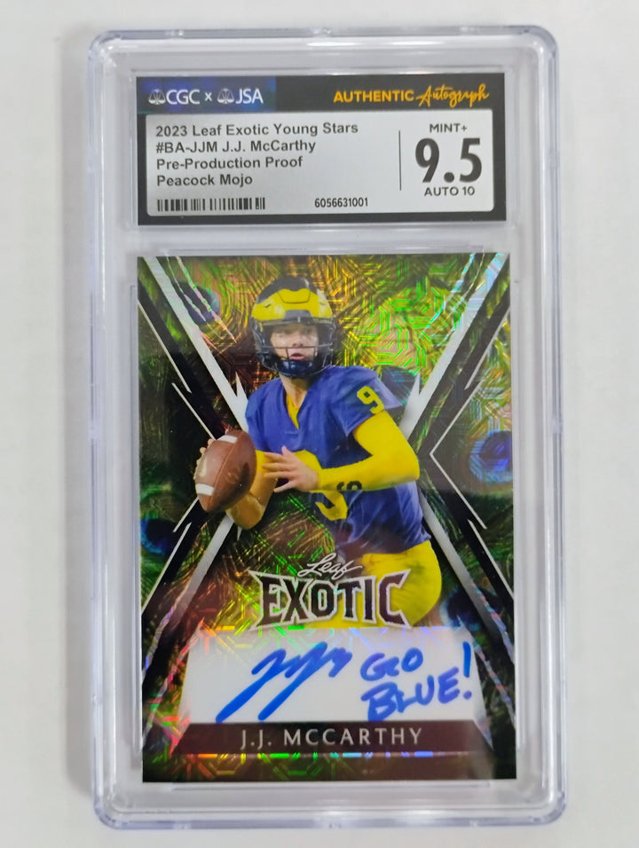 2023 Leaf Exotic Young Stars J.J. McCarthy #BA-JJM 1/1 Pre-Production Proof Peacock Mojo CGC 9.5 Auto 10