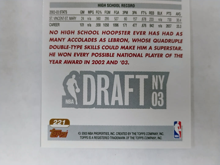 2003-04 Topps Basketball Lebron James RC Draft Pick #221