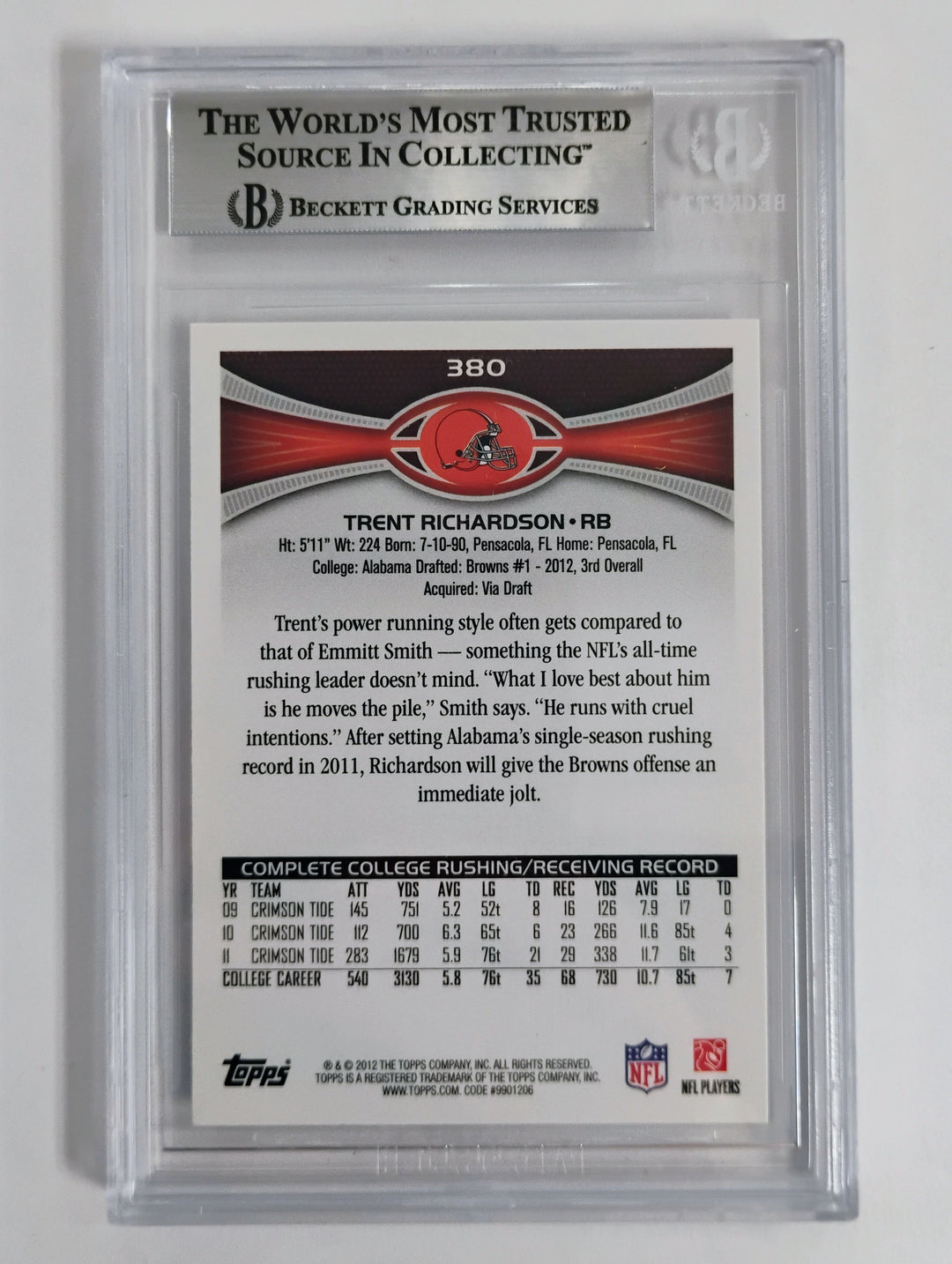 2012 Topps Football Trent Richardson #380C Running Forward Fctory Set BGS 9