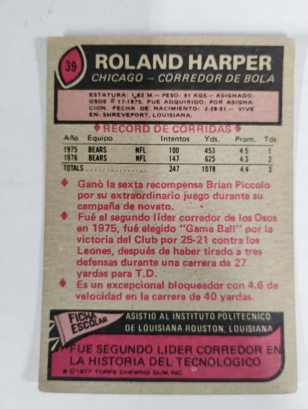 1977 Topps Mexican Football Roland Harper #39