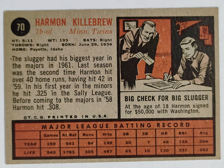 1962 Topps Baseball Harmon Killebrew #70