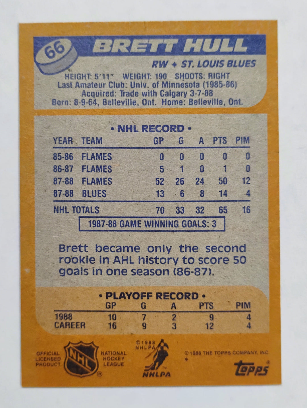 1988-89 Topps Hockey Brett Hull RC #66